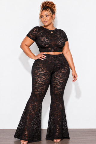 Final Sale Plus Size 2pc Short Sleeve Crop Lace Top & Pant in Black