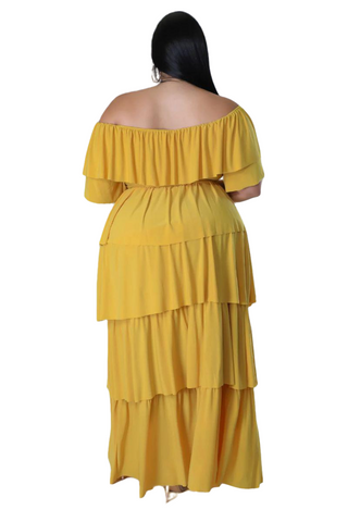 Final Sale Plus Size 2pc Ruffle Tiered Off the Shoulder Crop Top Maxi Skirt Set in Mustard