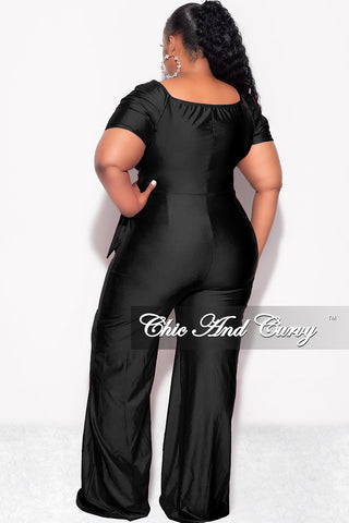 Final Sale Plus Size Shiny Jumpsuit with Ruched Sleeves in Black