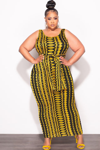Final Sale Plus Size Sleeveless Maxi Dress with Waist Tie in Yellow and Black Design Print