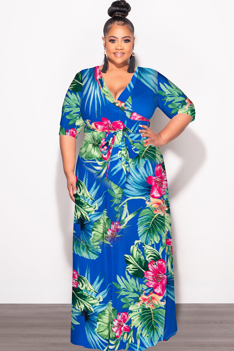 Final Sale Plus Size Faux Wrap Dress in Royal Blue Green and Fuchsia Floral Print