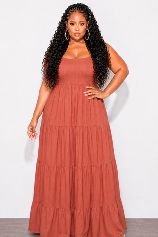 Final Sale Plus Size Tiered Maxi Dress in Bronze Rust