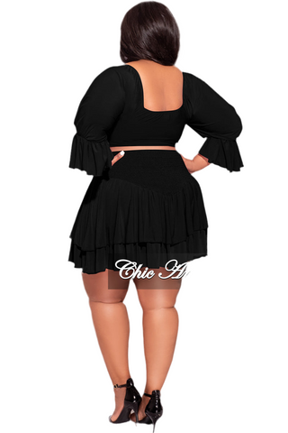 Final Sale Plus Size 2pc Set Off the Shoulder Crop Tie Top and Ruffle Layered Hem Mini Skirt in Black