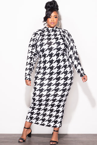 Final Sale Plus Size 2pc Sleeveless Midi Dress with Crop Cardigan Black and White Houndstooth Print