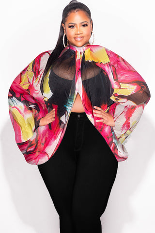 Final Sale Plus Size Sheer Balloon Sleeve Crop Top in Fuchsia and Black Multi Color