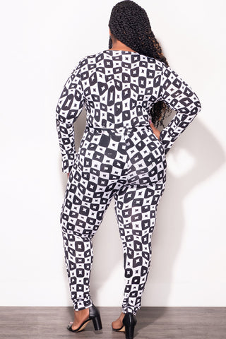 Final Sale Plus Size Jumpsuit with Faux Wrap in Black & White Diamond Print