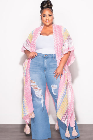 Final Sale Plus Size Knitted Cardigan with Bottom Tassels in Pink and Yellow