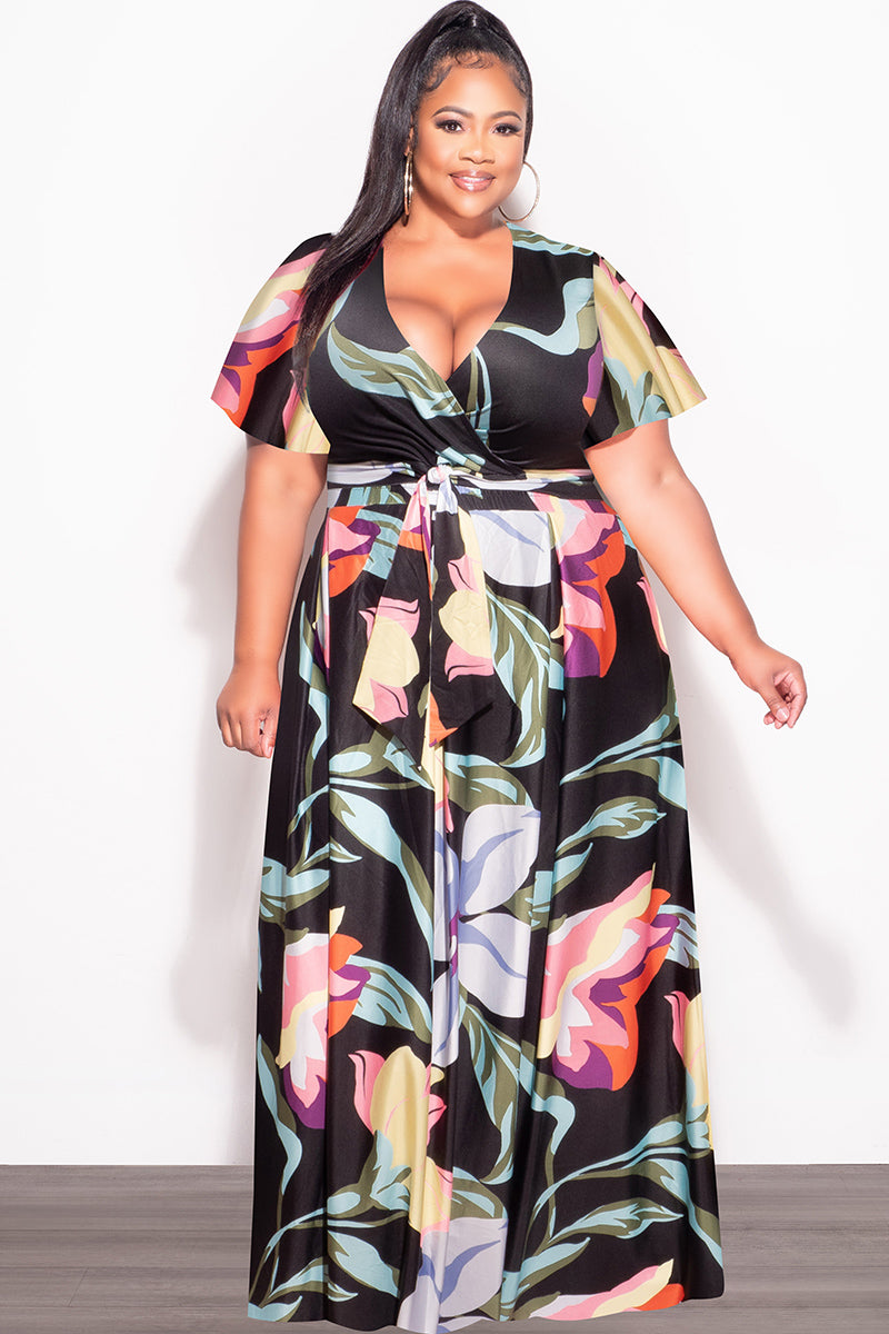 Final Sale Plus Size 2pc (Faux Wrap Crop Tie Top & Skirt) Set in  Black Multi Color Floral Print