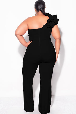 Final Sale Plus Size One Shoulder Ruffle Trim Jumpsuit in Black