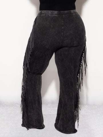 Final Sale Plus Size High Waist Fringe Trim Pants in Black Acid Wash Print Jersey