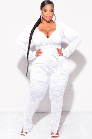 Final Sale Plus Size Ruched 2pc Faux Wrap Tie Top and Pants in White