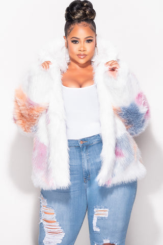 Final Sale Plus Size Faux Fur Hooded Jacket in White Multi-Color Print