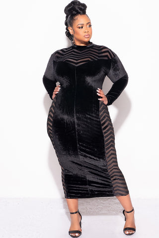 Final Sale Plus Size Midi Velvet Dress with See-Thru Mesh Sides & Chest in Black