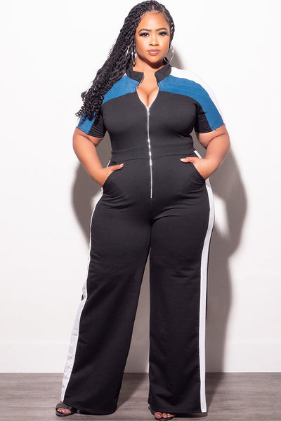 Final Sale Plus Size Colorblock Zip Up Jumpsuit in Black Denim and