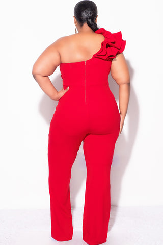 Final Sale Plus Size One Shoulder Ruffle Trim Jumpsuit in Red