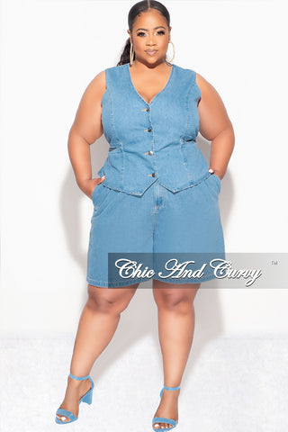 Final Sale Plus Size 2pc Sleeveless Blazer Vest Short Set in Denim