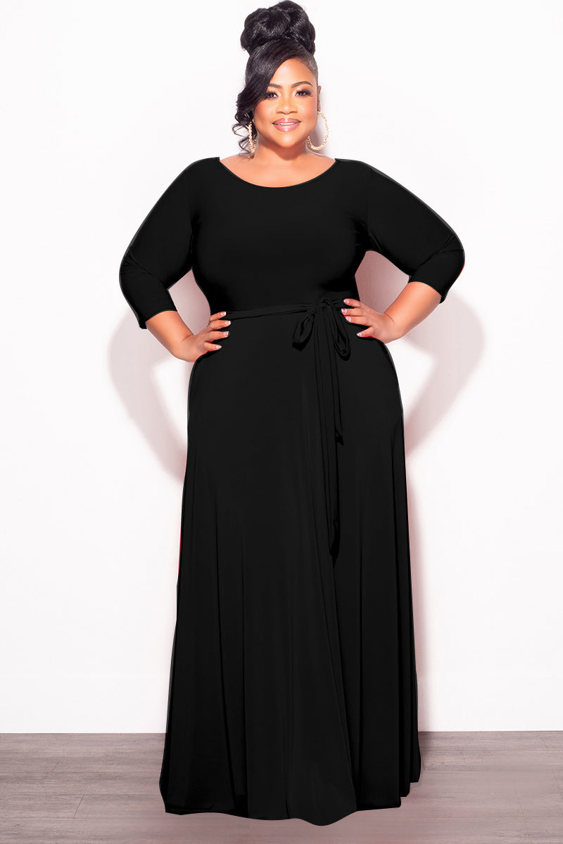 Final Plus Size Long Dress with 3/4 Sleeve and Tie in Black Chic And Curvy Final Plus Size Long Dress with 3/4 Sleeve and Tie in Black Chic And Curvy