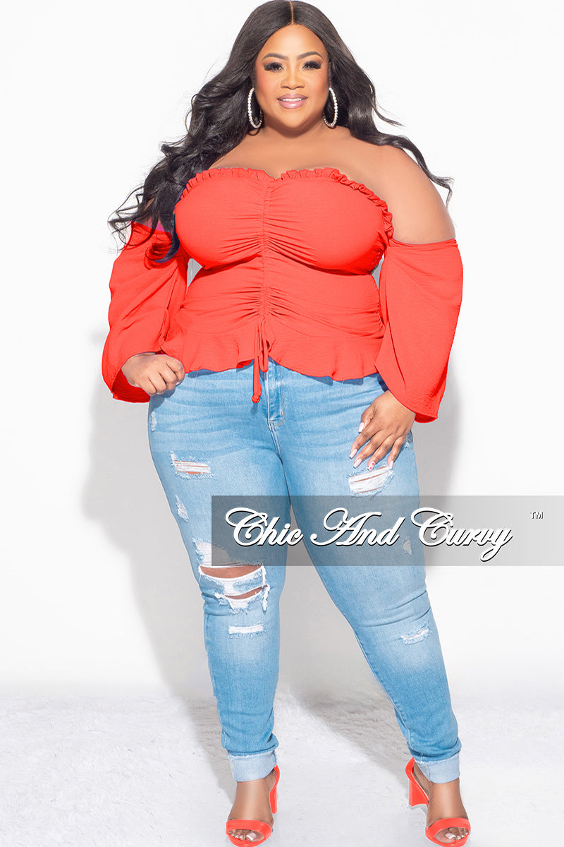Final Sale Plus Size Off the Shoulder Frill Top with Middle Drawstring in Orange