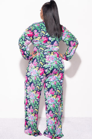 Final Sale Plus Size 2pc Collar Crop Faux Wrap Tie Top and Pants Set in Floral Multi Color Print