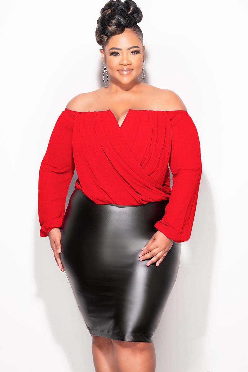 Final Sale Plus Size Chiffon Off the Shoulder Sweetheart Draping Blouse in Red
