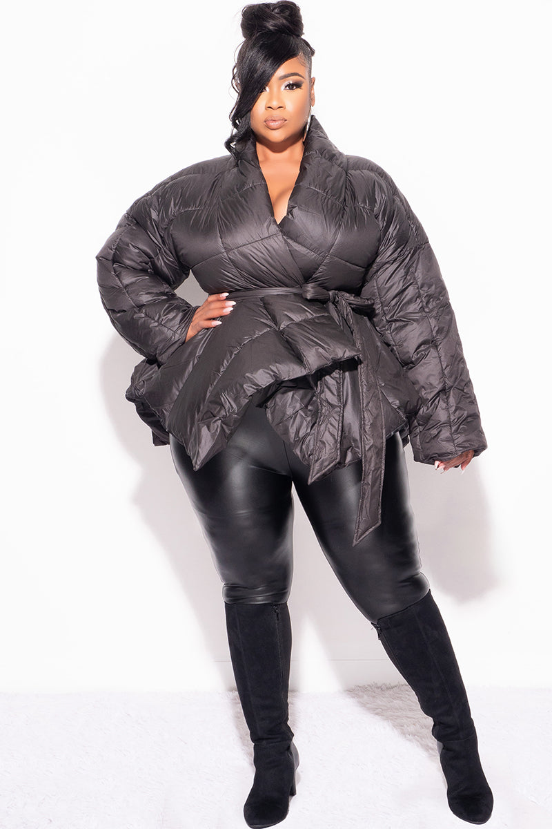 Final Sale Plus Size Belted Puffer Jacket in Black