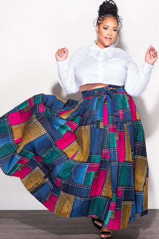Final Sale Plus Size High Waist Maxi Skirt with Tie in Multi Color Print