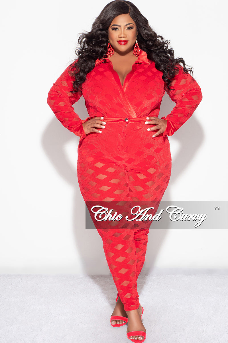 Final Sale Plus Size 2Pc Pants Set W/Long Sleeve Body Suit Red