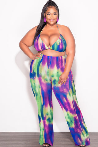 *Final Sale Plus Size  3pc Poolside Playsuit (Top, High Waist Bottoms & Pants) Set in Neon Watercolors