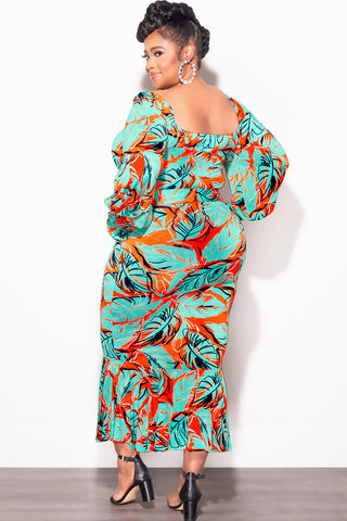 Final Sale Plus Size Midi BodyCon Dress with Ruffle Bottom in Mint & Orange Floral Print