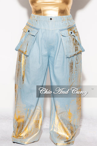 Final Sale Plus Size Cargo Pants in Denim Gold Foil