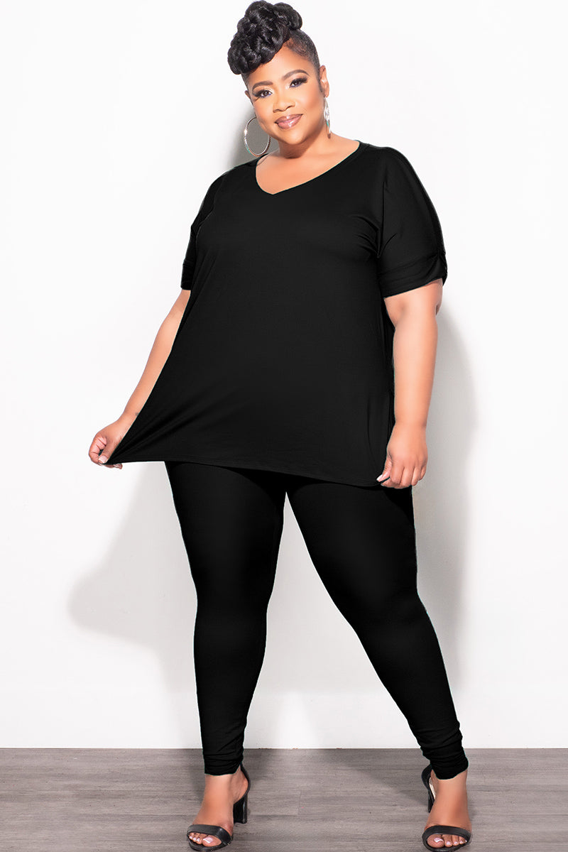 Final Sale Plus Size 2pc V-Neck Tunic Top and Matching Legging Set in Black