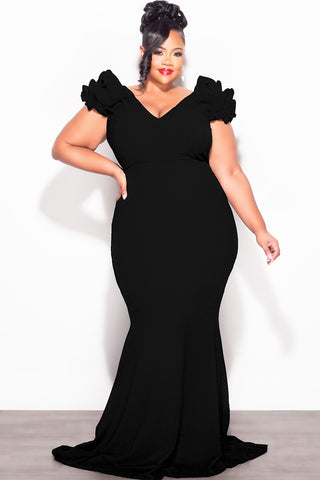 Final Sale Plus Size Gown with Layered Sleeves in Solid Black  (Non-Glitter Fabric)