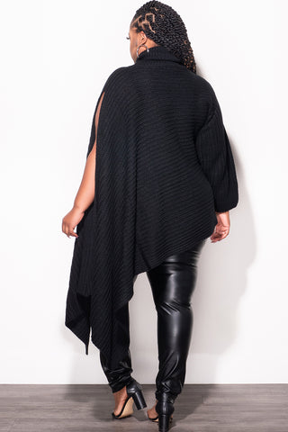 Final Sale Plus Size One Shoulder Turtleneck Poncho in Black