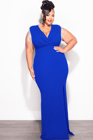 Final Sale Plus Size Faux Wrap Rhinestone Fringe Sleeve Maxi Dress in Royal Blue