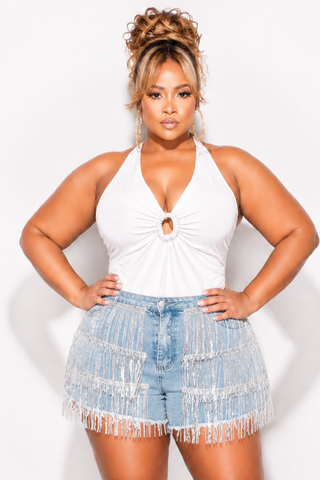 Final Sale Plus Size Ribbed Halter Top in Ivory with Covered Gold Ring