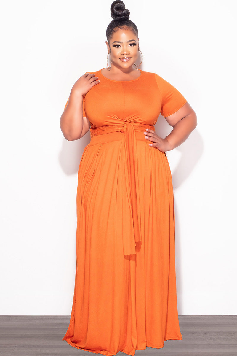 Final Sale Plus Size 2pc Short Sleeve Tie Top and Skirt Set in Orange