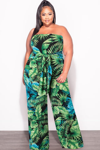 Final Sale Plus Size Strapless Jumpsuit with Waist Tie in Green & Turquoise Palm Print