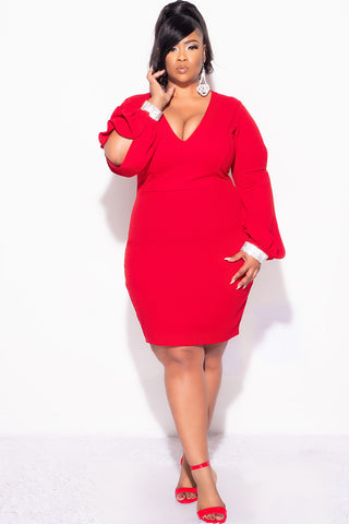 Final Sale Plus Size BodyCon Dress with Slit Sleeves and Rhinestone Cuff in Red