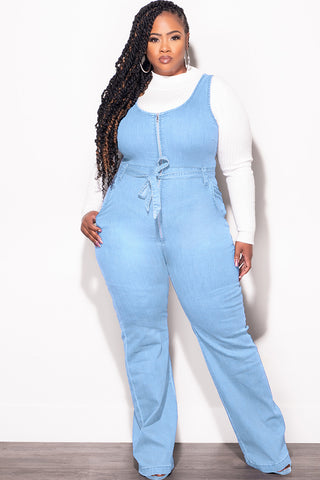 Final Sale Plus Size Sleeveless Zip-Up Jumpsuit with Attached Tie in Light Denim