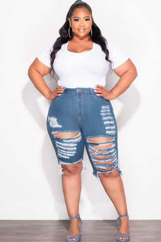 Final Sale Plus Size Distress Bermuda Shorts in Dark Denim