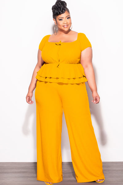 Final Sale Plus Size 2pc Ribbed Peplum Top and Pants Set in