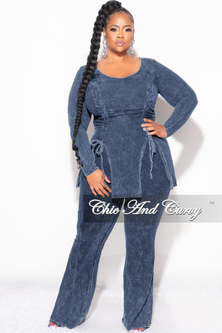 Final Sale Plus Size 2pc Ruched Drawstring Double Slit Top and Pants Set in Blue