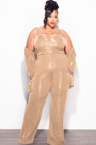 Final Sale Plus Size 3pc Confetti Dot Knit Sequin Pant Set in Gold (Wide Legs)