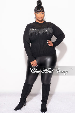 Final Sale Plus Size Ribbed Rhinestone Sweater Top in Black