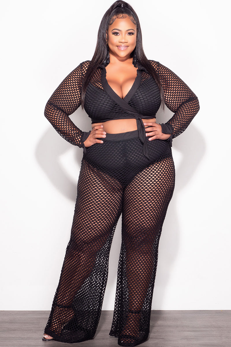 Final Sale Plus Size 2pc Fishnet Faux Wrap Tie Top and Pants Set in Black