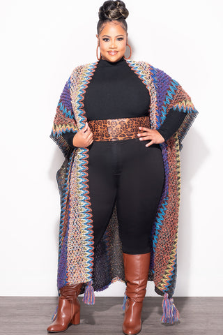 Final Sale Plus Size Knitted Cardigan with Bottom Tassels in Blue, Brown and Black