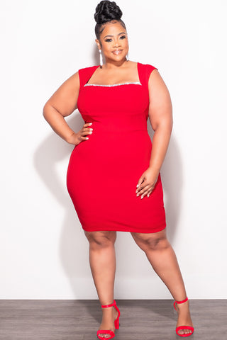 Final Sale Plus Size BodyCon Dress with Rhinestone Lined Bust and Wide Strap Mini Dress In Red