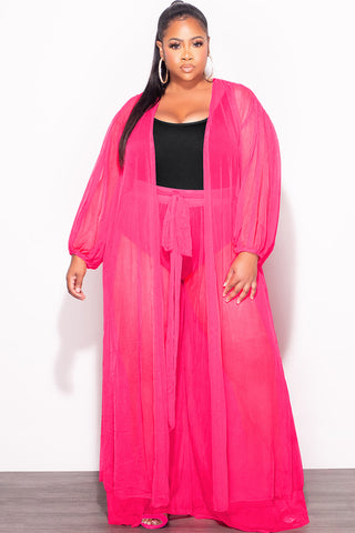 Final Sale Plus Size 2pc Sheer Duster and Pants Set in Fuchsia