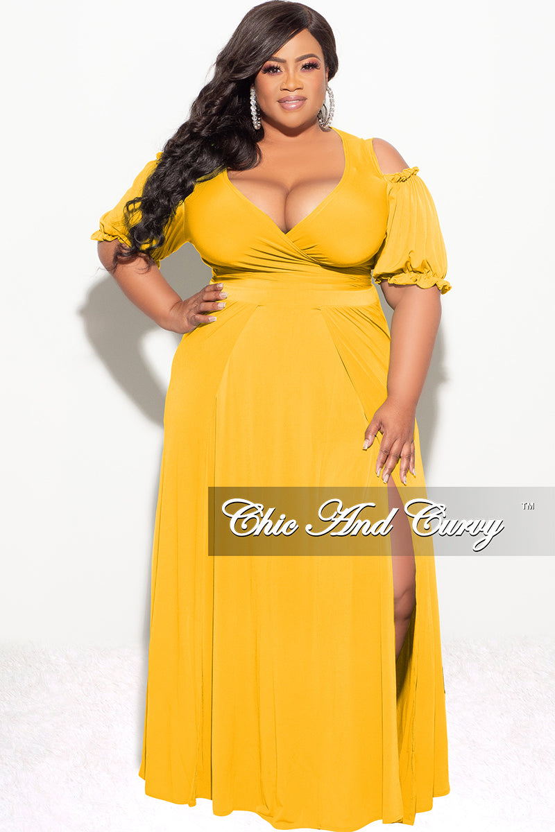 Final Sale Plus Size 2pc Faux Wrap Crop Tie Top And Double Slit Skirt Set in Mustard