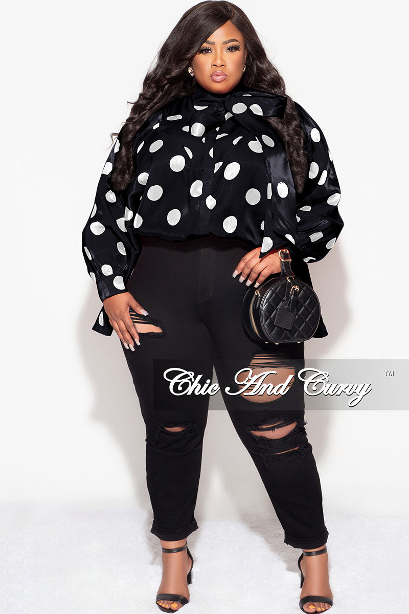 Final Sale Plus Size Button Up Oversized Neck Tie Top in Black and White Polka Dot